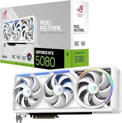 ASUS ROG Astral GeForce RTX 5080 16GB GDDR7 White OC Edition Gaming Quad Fan Graphics Card (NVIDIA DLSS 4, 3.8-Slot Design, PCIe 5.0, 3X DP 2.1b, 2X HDMI 2.1b, White, ROG-ASTRAL-RTX5080-O16G-WHITE)