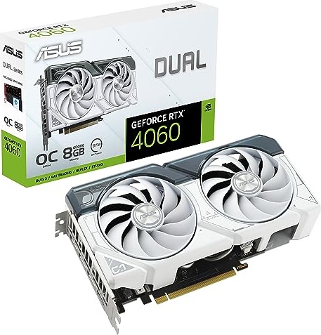 ASUS Dual GeForce RTX™ 4060 OC White Edition 8GB GDDR6 (PCIe 4.0, 8GB GDDR6, DLSS 3, HDMI 2.1a, DisplayPort 1.4a, 2.5-Slot Design, Axial-tech Fan Design, 0dB Technology, and More)
