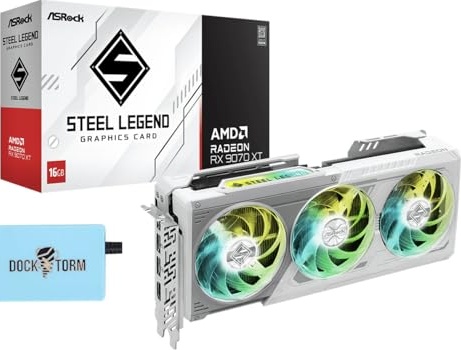 ASRock AMD Radeon RX 9070 XT Steel Legend 16GB, Boost Clock Up to 2970 MHz / 20 Gbps, Game Clock 2400 MHz / 20 Gbps, 16GB GDDR6 on 256-Bit Memory Bus, AMD RDNA™ 4 Architecture, Bundle w/Dockztorm Hub