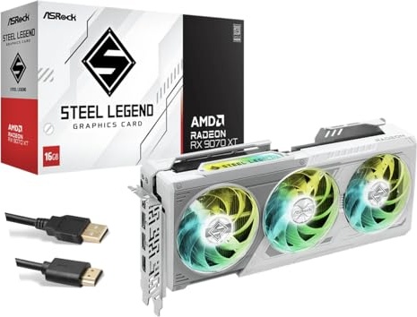 ASRock AMD Radeon RX 9070 XT Steel Legend 16GB, Boost Clock Up to 2970 MHz / 20 Gbps, Game Clock 2400 MHz / 20 Gbps, 16GB GDDR6 on 256-Bit Memory Bus, AMD RDNA™ 4 Architecture, Bundle with HDMI Cable