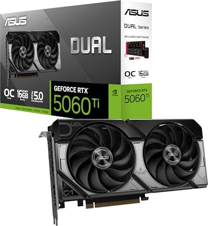 ASUS Dual GeForce RTX 5060 Ti 16GB GDDR7 OC Edition (PCIe 5.0, 16GB GDDR7, DLSS 4, HDMI 2.1b, DisplayPort 2.1b, 2.5-Slot Design, Axial-Tech Fan Design, 0dB Technology)