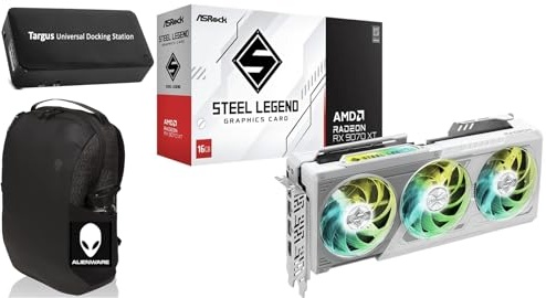ASRock AMD Radeon RX 9070 XT Steel Legend 16GB GDDR6, Boost Clock Up to 2970 MHz/20 Gbps, Game Clock 2400 MHz, 256-Bit Memory Bus. Bundle with Targus dockstation and Backpack Alienware.