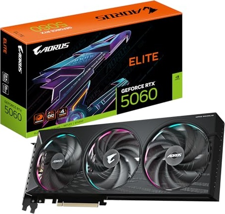 Gigabyte Aorus GeForce RTX 5060 Elite 8G Graphics Card - 8GB GDDR7, 128bit, PCI-E 5.0, 2722 MHz Core Clock, 3 x DisplayPort, 1 x HDMI, GV-N5060AORUS E-8GD