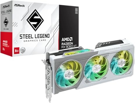ASRock Radeon RX 9060 XT Steel Legend 8GB GDDR6 OC Graphics Card | 3320 MHz Boost | Triple Fan | 0dB Cooling | Metal Backplate | PCIe 5.0 | DisplayPort 2.1a, HDMI 2.1b
