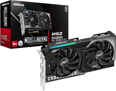 ASRock Radeon RX 9060 XT Challenger 16GB GDDR6 OC Graphics Card | 3300 MHz Boost | Dual Fan | 0dB Cooling | Metal Backplate | PCIe 5.0 | DisplayPort 2.1a, HDMI 2.1b