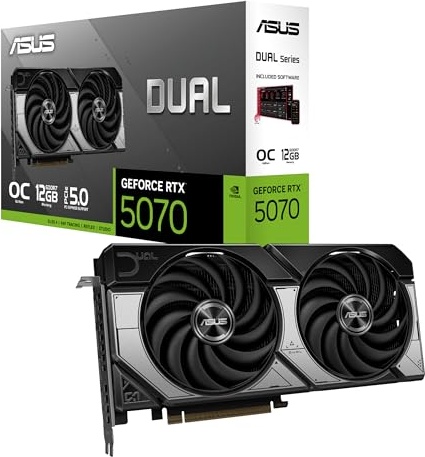 ASUS Dual GeForce RTX™ 5070 12GB GDDR7 OC Edition (PCIe 5.0, 12GB GDDR7, DLSS 4, HDMI 2.1b, DisplayPort 2.1b, Compact Dual-Fan Design, Axial-tech Fan Design, 0dB Technology, and More)