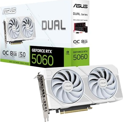 ASUS Dual GeForce RTX™ 5060 8GB GDDR7 White Edition (PCIe 5.0, 8GB GDDR7, DLSS 4, HDMI 2.1b, DisplayPort 2.1b, 2.5-Slot, Axial-tech Fan Design, 0dB Technology, Dual BIOS and More)