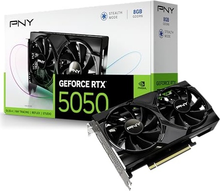 PNY NVIDIA GeForce RTX™ 5050 Single Fan, Graphics Card (8GB GDDR6, 128-bit, SFF-Ready, PCIe® 5.0, HDMI®/DP 2.1, 2-Slot, NVIDIA Blackwell Architecture, DLSS 4)