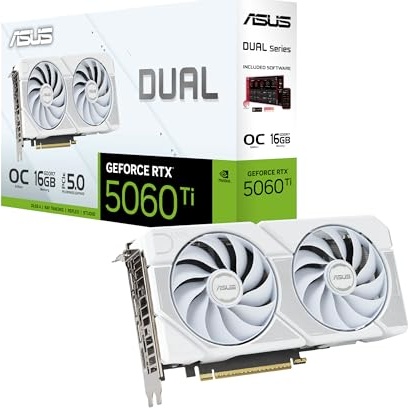 ASUS Dual GeForce RTX™ 5060 Ti 16GB GDDR7 White OC Edition (PCIe 5.0, 16GB GDDR7, DLSS 4, HDMI 2.1b, DisplayPort 2.1b, 2.5-Slot Design, Axial-tech Fan Design, 0dB Technology, and More)