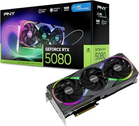PNY NVIDIA GeForce RTX™ 5080 Epic-X™ ARGB OC Triple Fan, Graphics Card (16GB GDDR7, 256-bit, Boost Speed: 2775 MHz, PCIe® 5.0, HDMI®/DP 2.1, 2.99-Slot, NVIDIA Blackwell Architecture, DLSS 4)