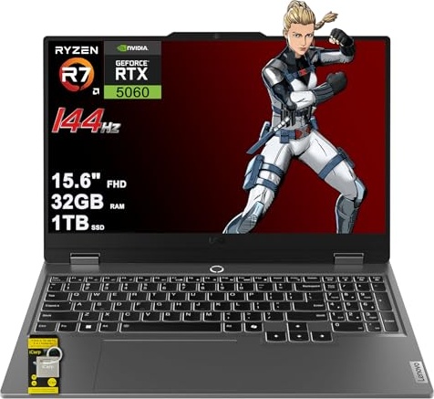 Lenovo LOQ Gaming AI Laptop 15.6" FHD IPS 144Hz (100% sRGB G-SYNC) AMD Octa-core Ryzen 7 250 32GB RAM 1TB SSD GeForce RTX 5060 DLSS4 (572 AI Tops) Backlit Nahimic 5MP Privacy Camera Win11 ICP Hub Gaming Laptop, RTX 5060, Ryzen 7 250, 15.6" FHD 144Hz, 32 GB RAM, 1 TB SSD Image