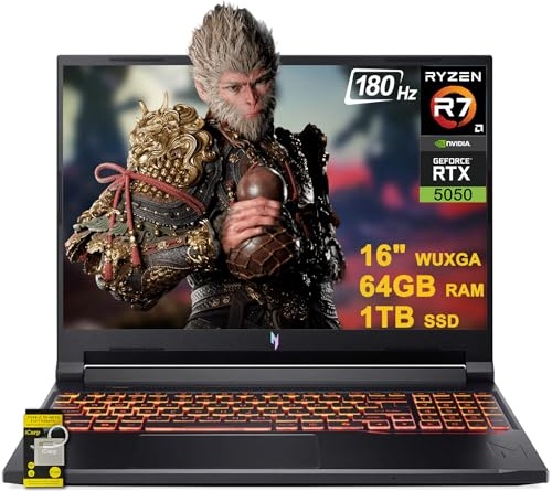 acer Nitro V 16 AI Gaming Laptop, RTX 5050, Ryzen 7 260, 16.0" WUXGA 180Hz, 64 GB RAM, 1 TB SSD Image